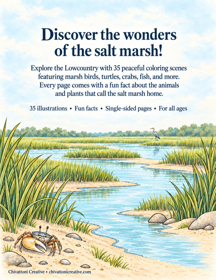 Back cover showing a winding marsh creek, a fiddler crab, and a short description of the book.