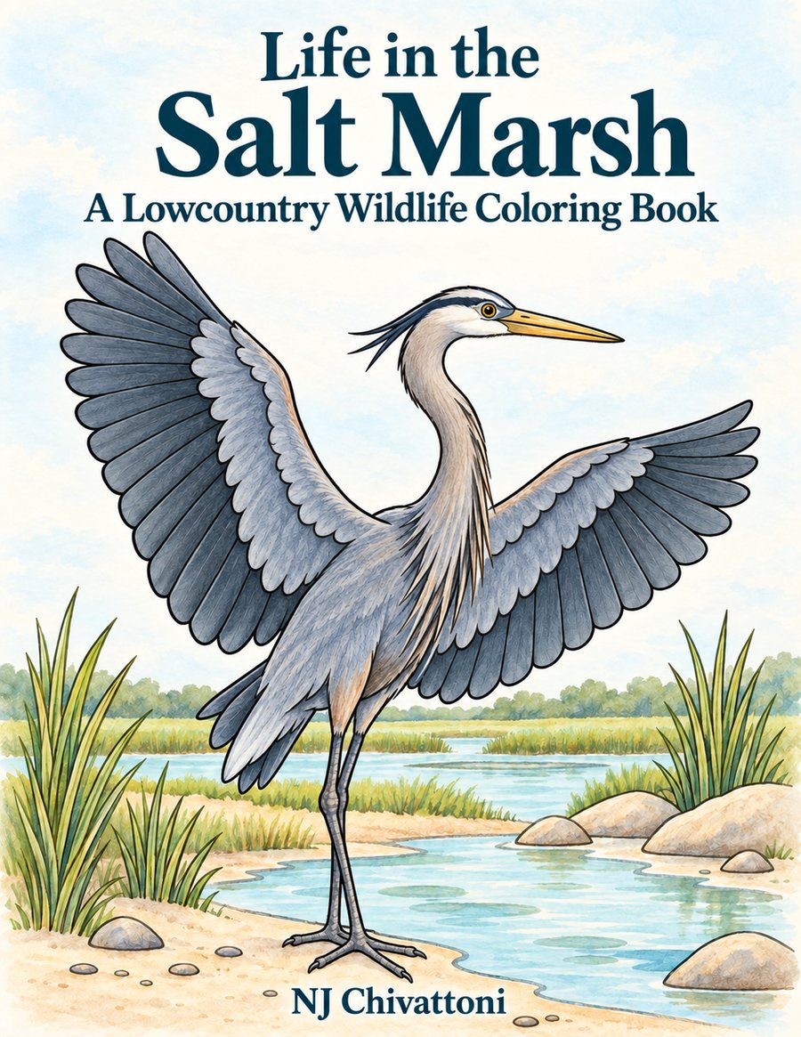 Book cover: a great blue heron with wings spread beside a marsh creek, under the title Life in the Salt Marsh.