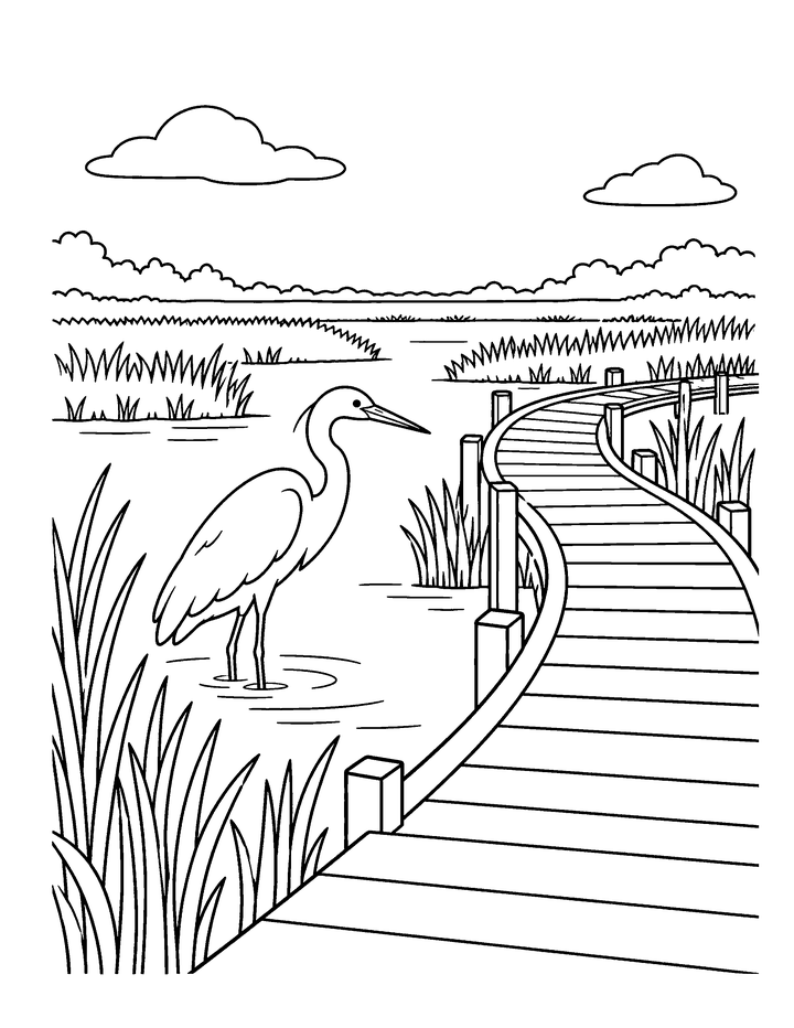 Line drawing of a wooden boardwalk curving through the marsh with an egret nearby.