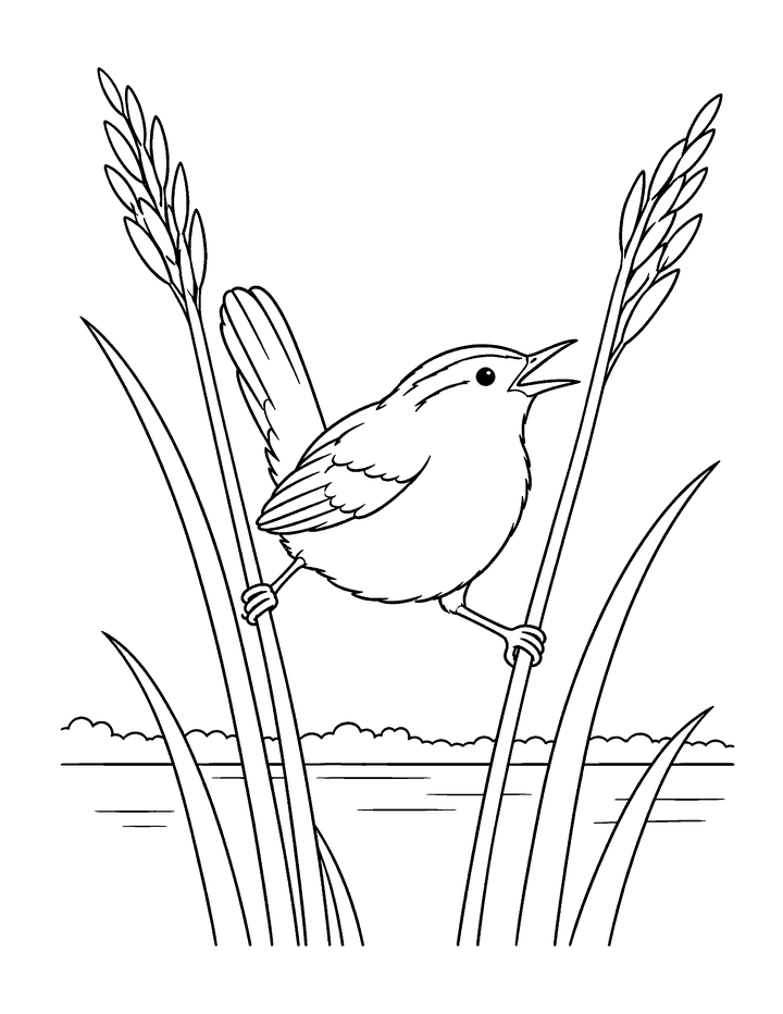 Line drawing of a marsh wren singing between two cordgrass stems.